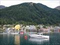 Lake, town and mountain