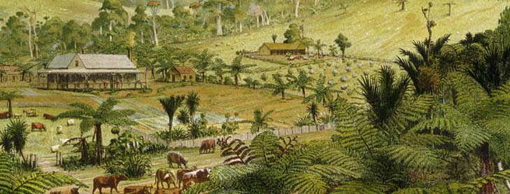 Painting showing cattle on newly cleared farm land surrounding a farmhouse with deck