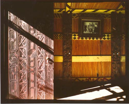 Interior of the carved meeting house Rangikurukuru near Dargaville